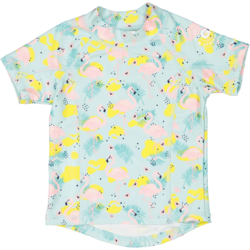 Bis Grösse 146/152: Geggamoja Kurzärmeliges UV-Shirt (UV 50+) Rosa Flamingos / Palmen