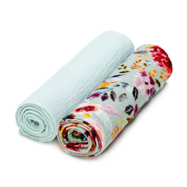 2er-Set Premium Bio-Baumwoll-Nuschis, Mullwindeln, 65x65 cm von T-Tomi (CZ): Blumen (Flowers)