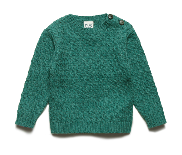 Puri Langarm-Pullover Baumwolle/Wolle, Strukturstrick, Waldgrün